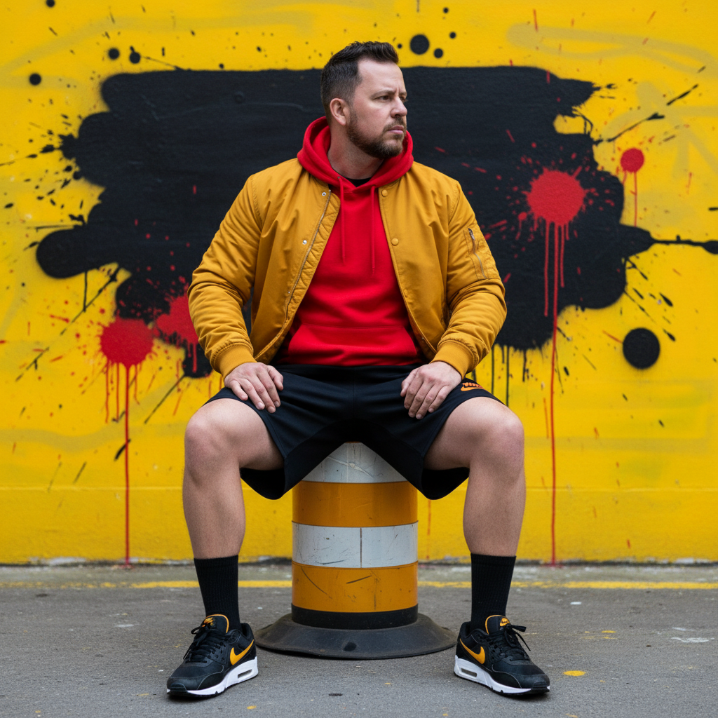 A full-length photo of a male figure in urban streetwear, sitting on a yellow-striped cylinder against a vibrant graffiti wall.