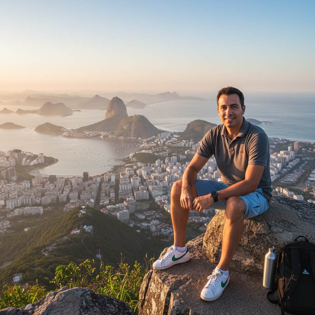 A man in a gray polo and blue cargo shorts seated on a rocky outcrop at Corcovado, overlooking the vibrant city of Rio de Janeiro at sunrise.