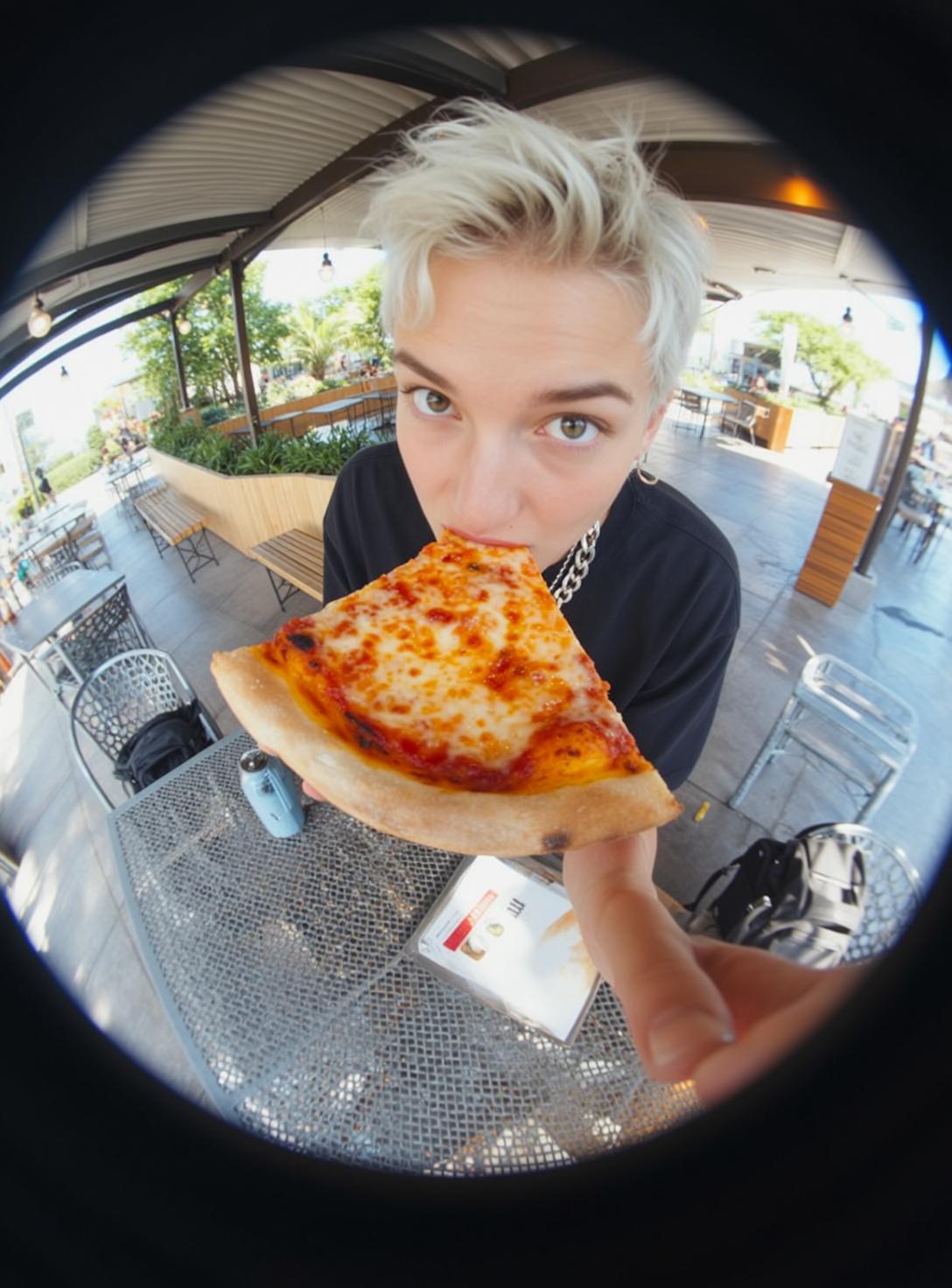 Cafe Pizza Slice Fisheye Portrait