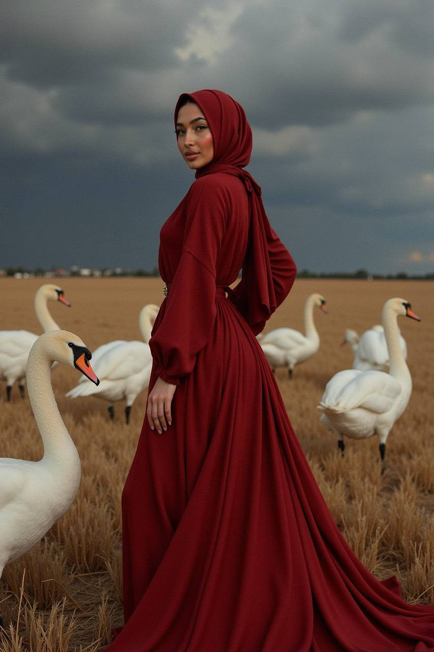 A Muslim woman in a flowing red gown stands in a golden wheat field under dramatic storm clouds.