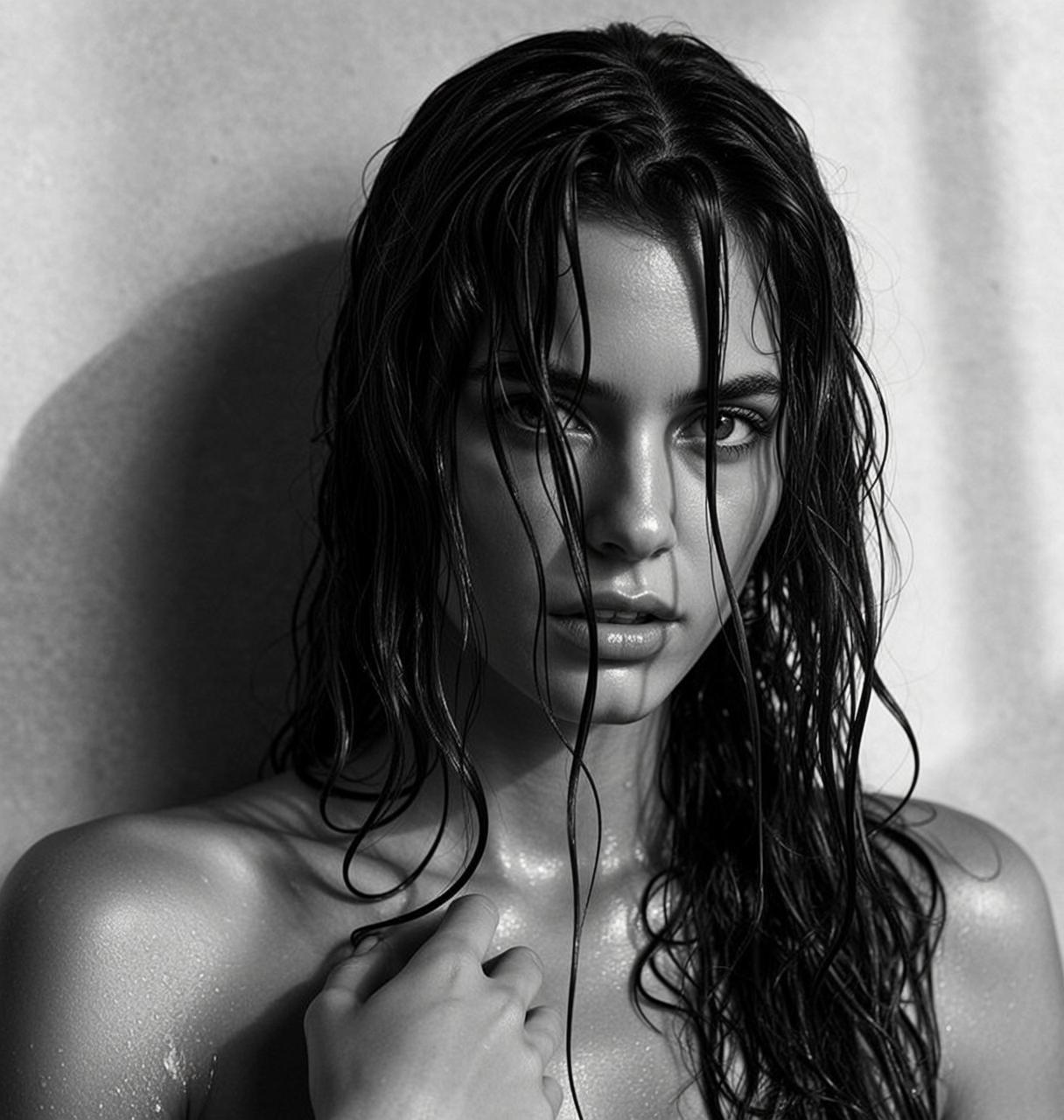 Black And White Medium Shot Portrait Young Woman With Long