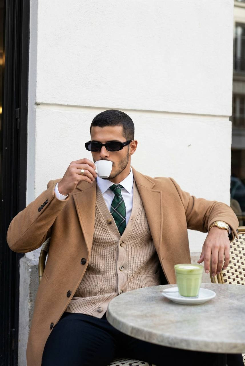 A stylish man sipping espresso at an outdoor café table, in a camel wool overcoat and tailored trousers.