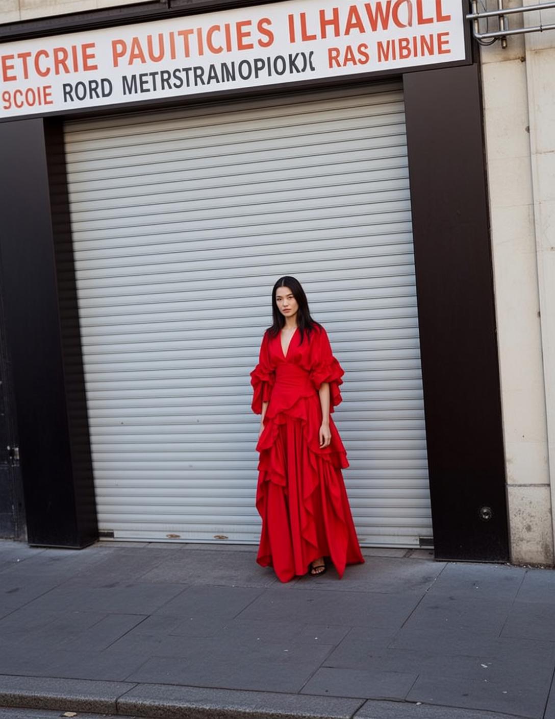 Asian Woman Red Ruffled Dress Urban Garage