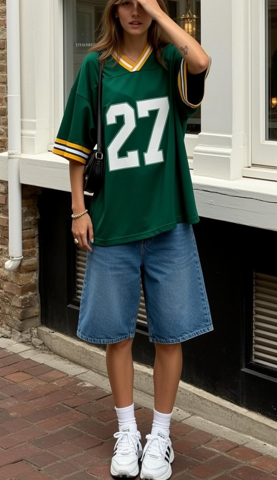 Green Jersey Blue Shorts Street Style