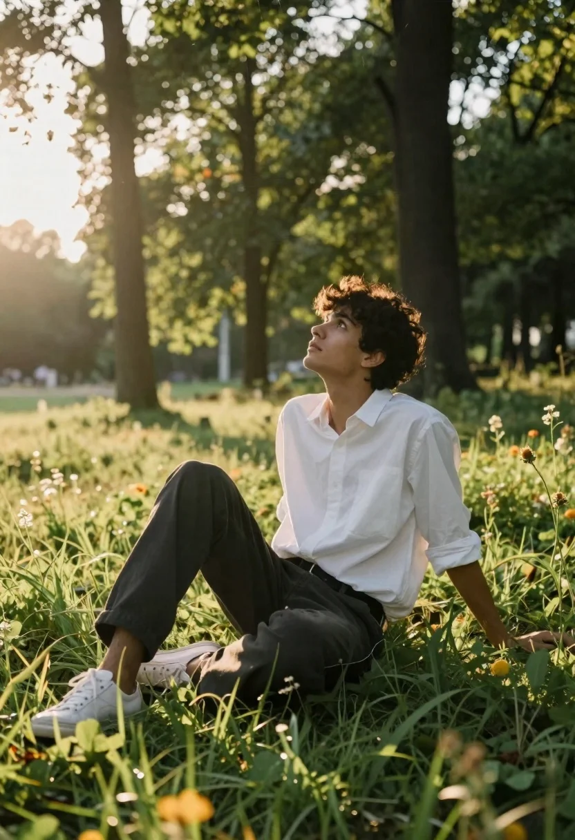 Young Man Sits Sun-drenched Grassy Meadow Surrounded Tall Trees Subject