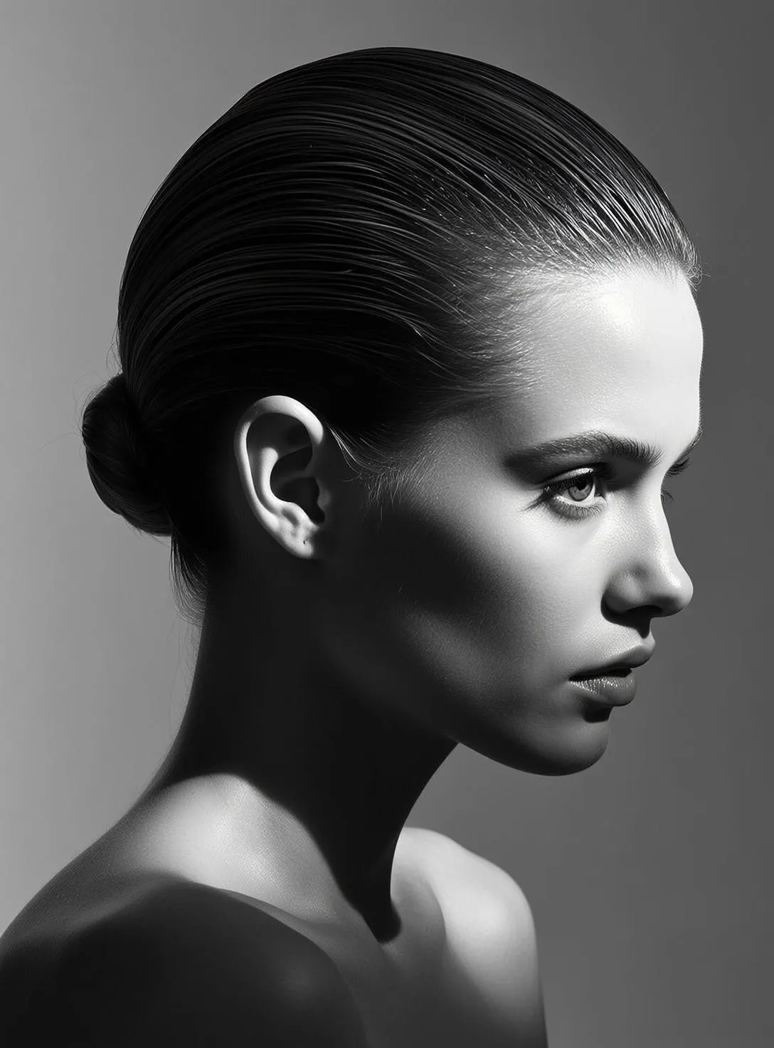 Black And White Medium Shot Portrait Young Woman Profile Facing
