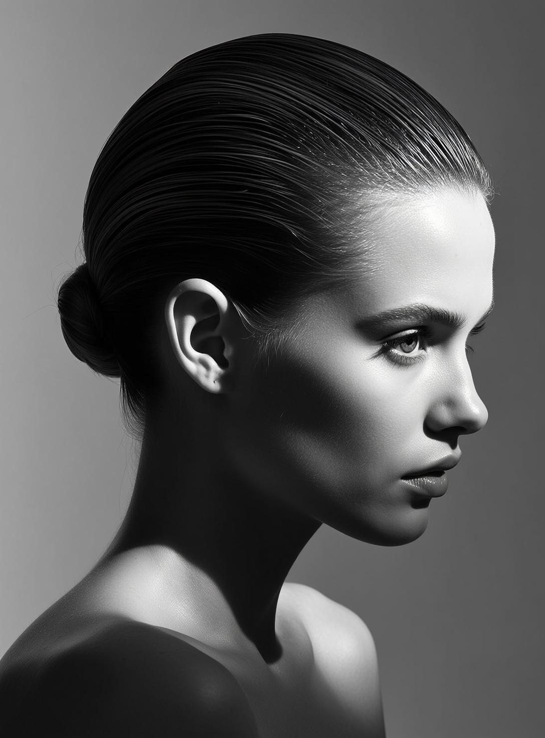Black And White Medium Shot Portrait Young Woman Profile Facing