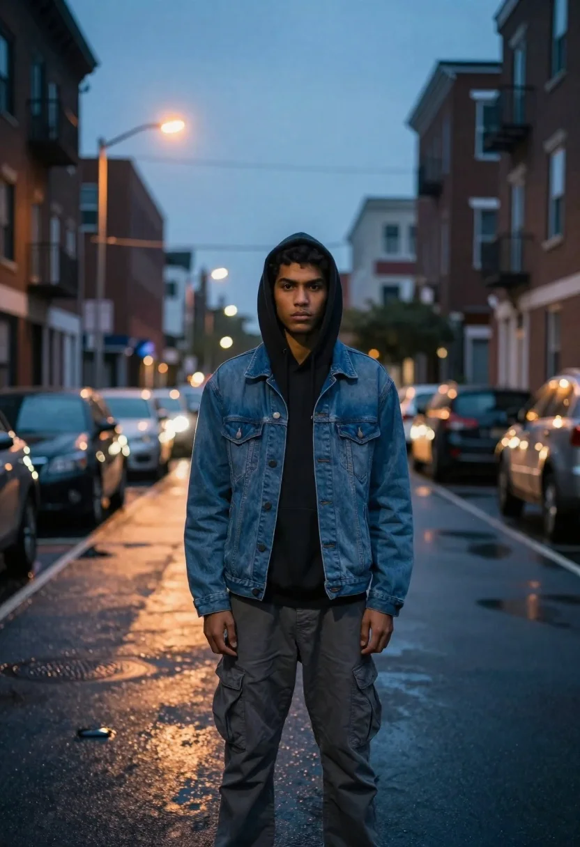 Young Man Stands Alone The Center City Street Dusk Subject