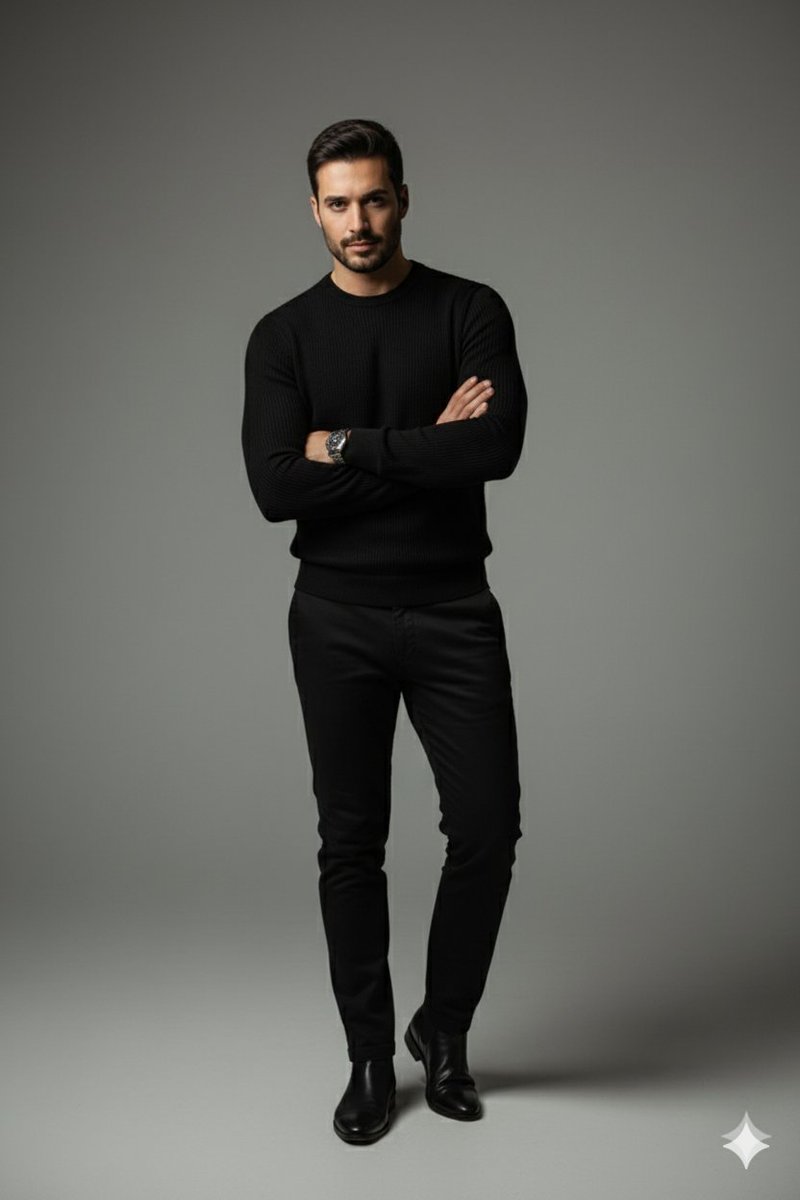 A confident man in a sleek black outfit poses in a minimal grey studio, highlighted by soft, focused lighting, showcasing elegance.