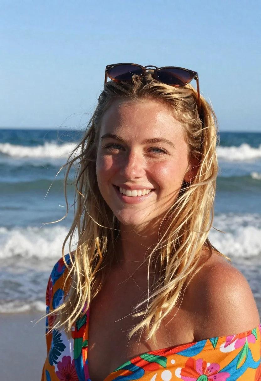 Subject Smiling Young Woman With Sun-kissed Skin And Wind-swept Blonde reference photo