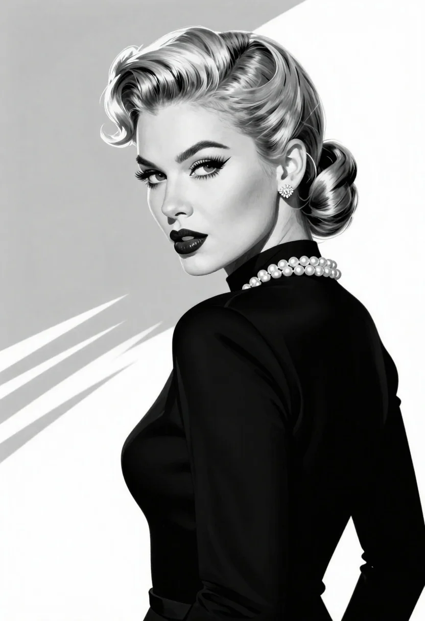 High-contrast Black And White Illustration Glamorous Woman With Vintage Pin-up reference photo