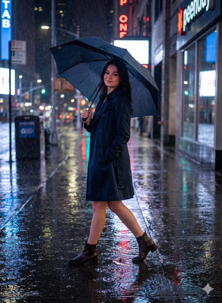 A female model in a sleek navy trench coat walks confidently on a glossy wet city street, under neon lights, holding an umbrella.