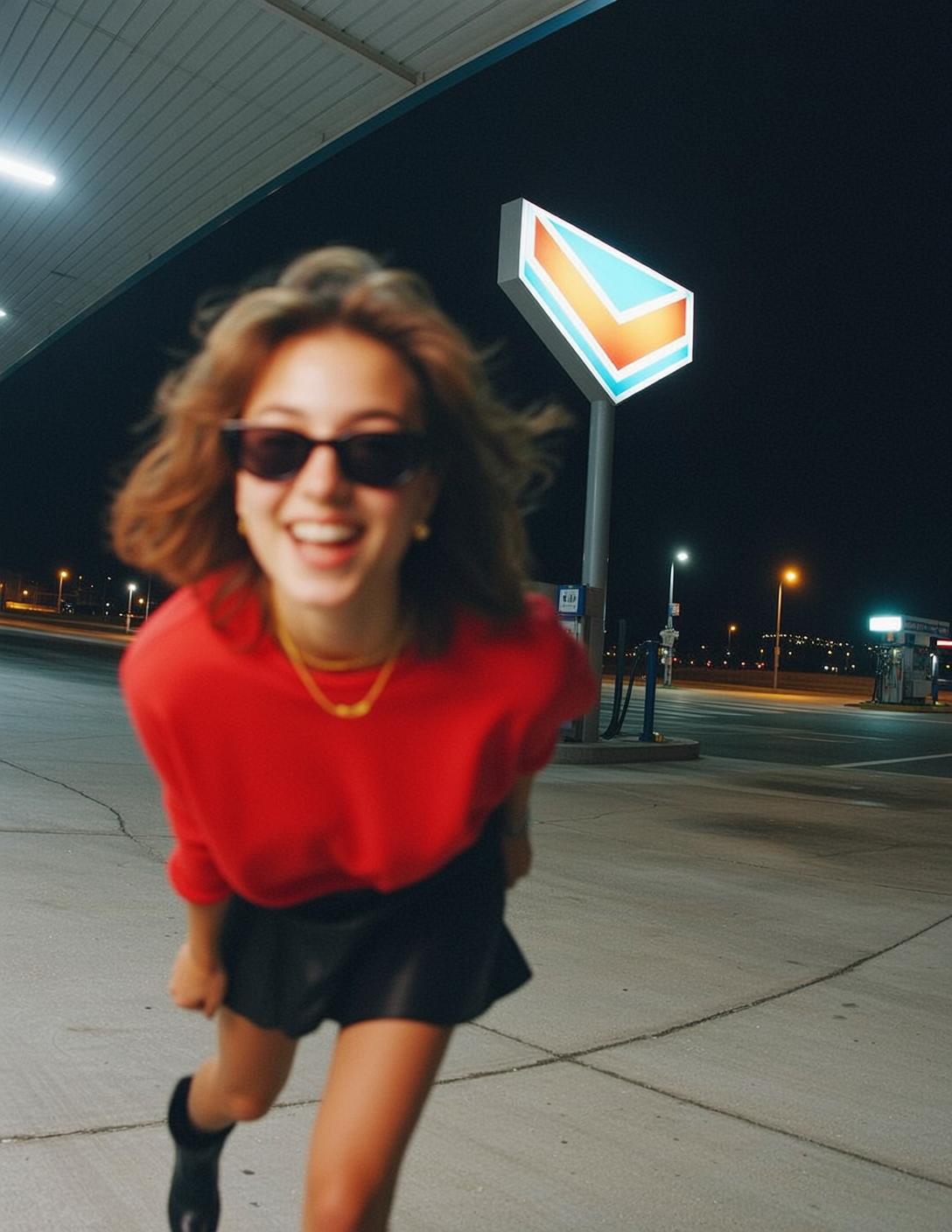 Woman Laughing Red Sweatshirt Night Low Angle
