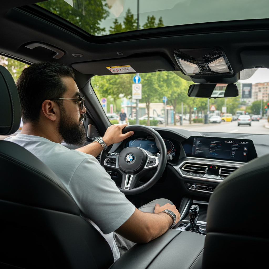 Ultra-realistic cinematic photo of a person in a luxury BMW, styling a white t-shirt and sunglasses, seated with hand on the steering wheel.