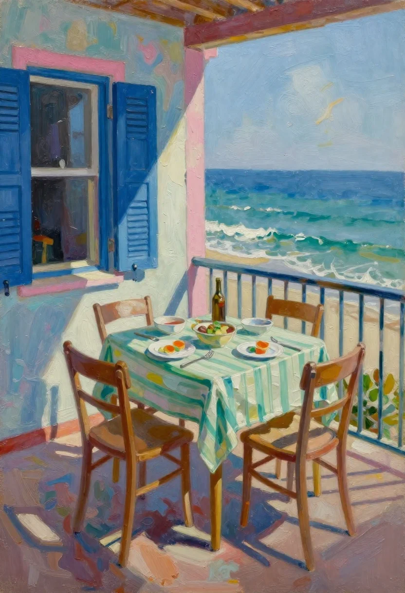 Oil Painting Sun-drenched Balcony Dining Scene Overlooking The Ocean Subject reference photo