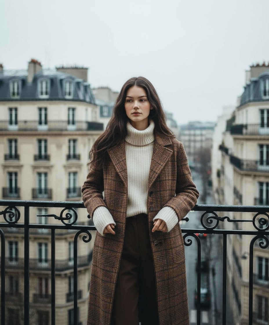 A woman in a brown plaid coat stands on a balcony overlooking Parisian streets with vintage buildings under an overcast sky.
