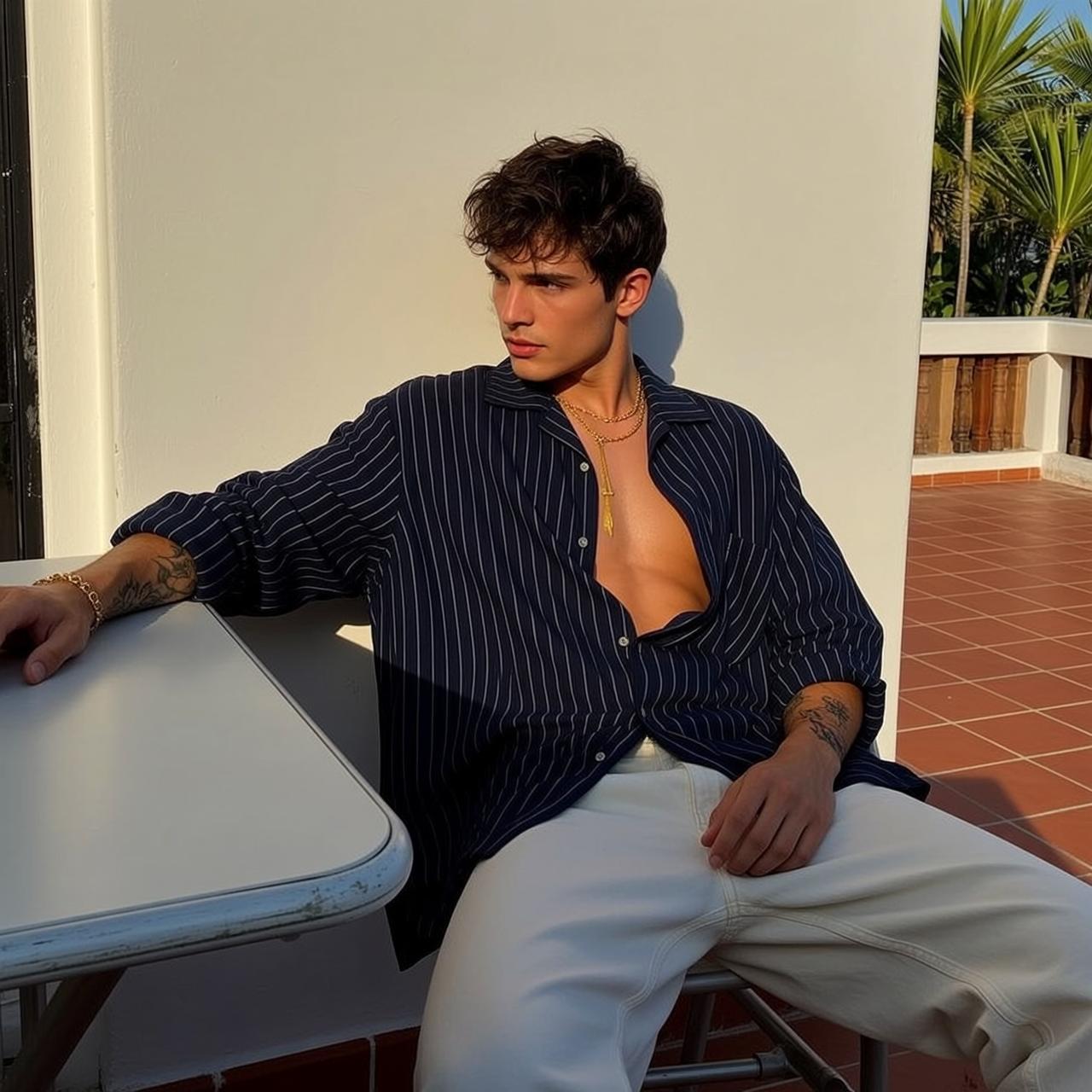 World Seated Outdoors Leaning His Left Arm