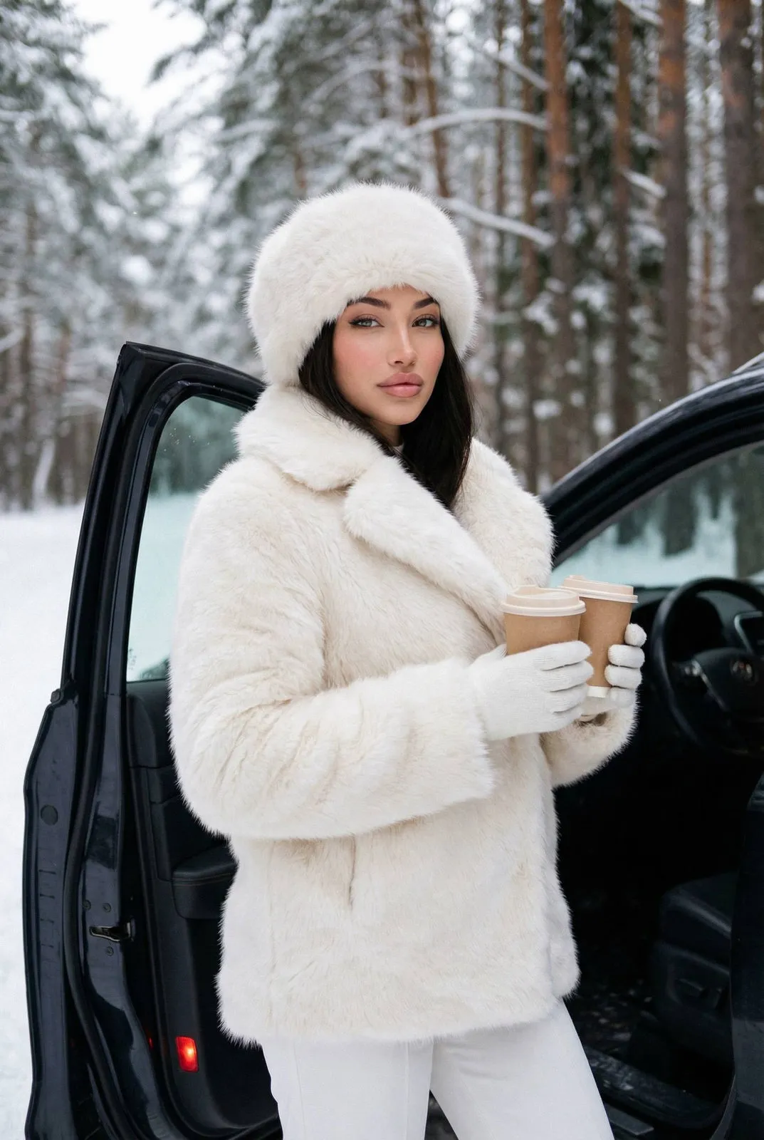 White Fur Woman Car Snowy Forest