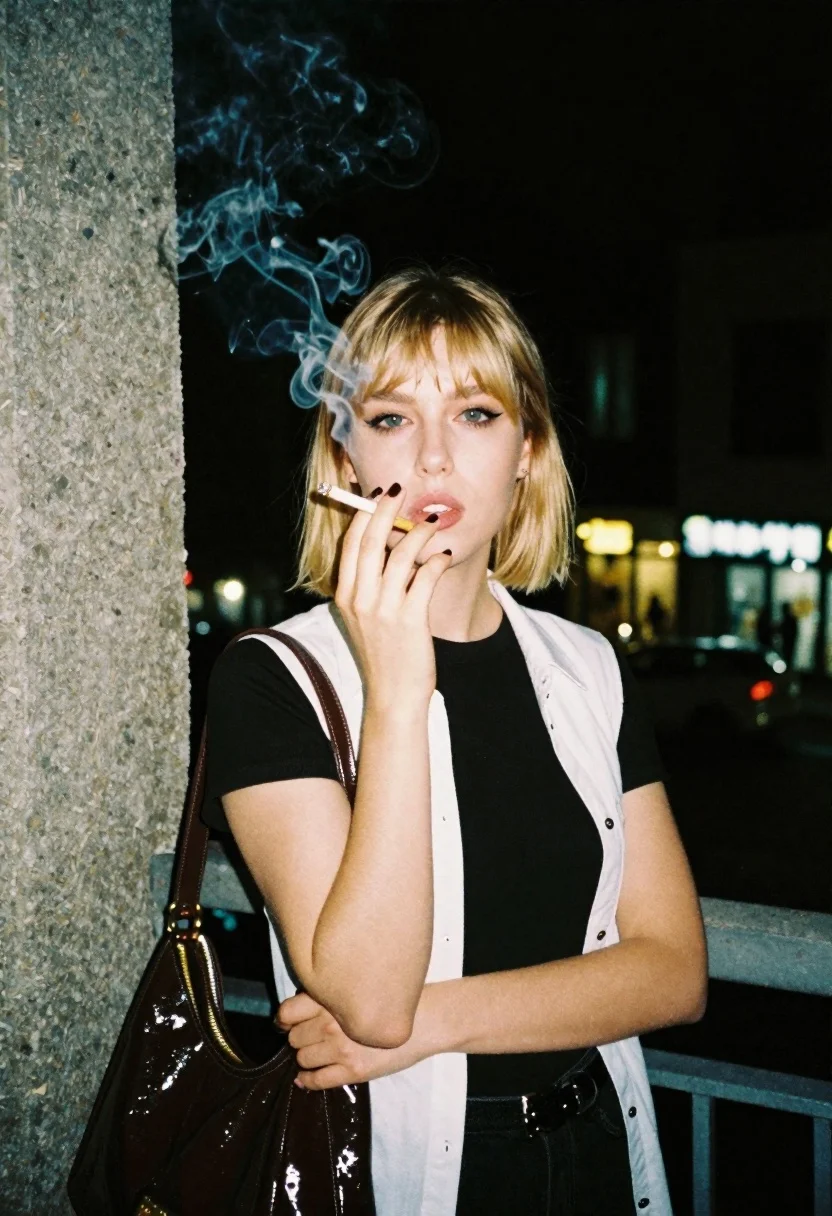 Analog Instant Film Portrait Young Woman With Short Blonde Hair reference photo