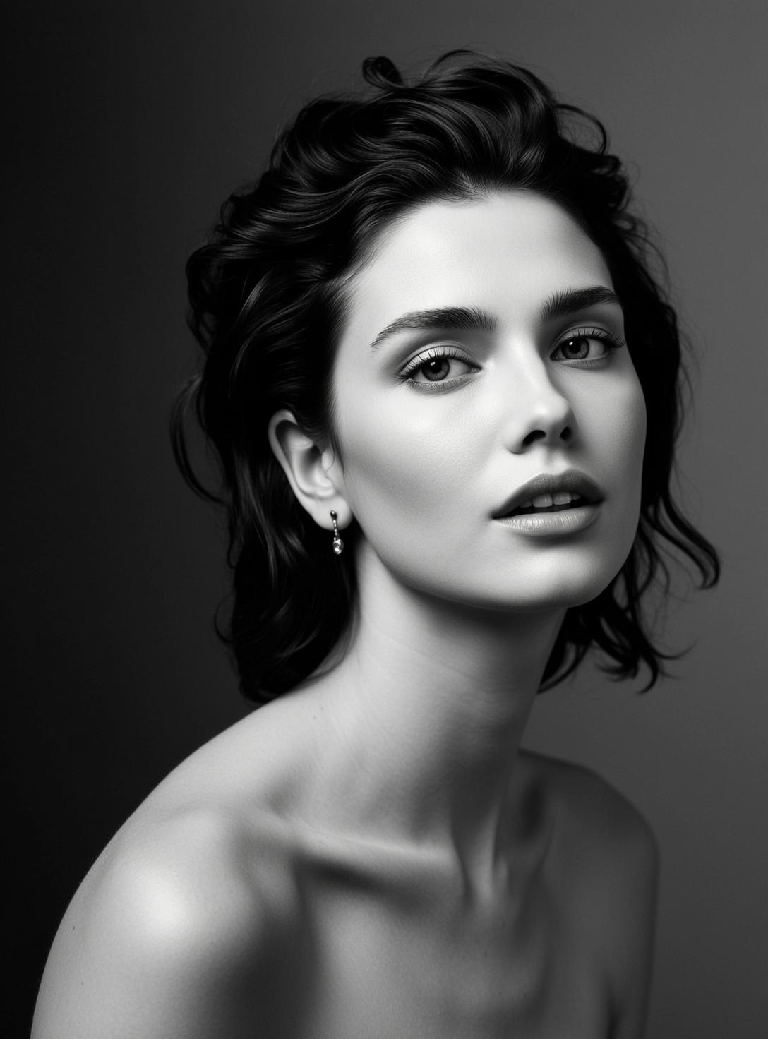 Photorealistic Black And White Medium Close-up Portrait Young Woman With