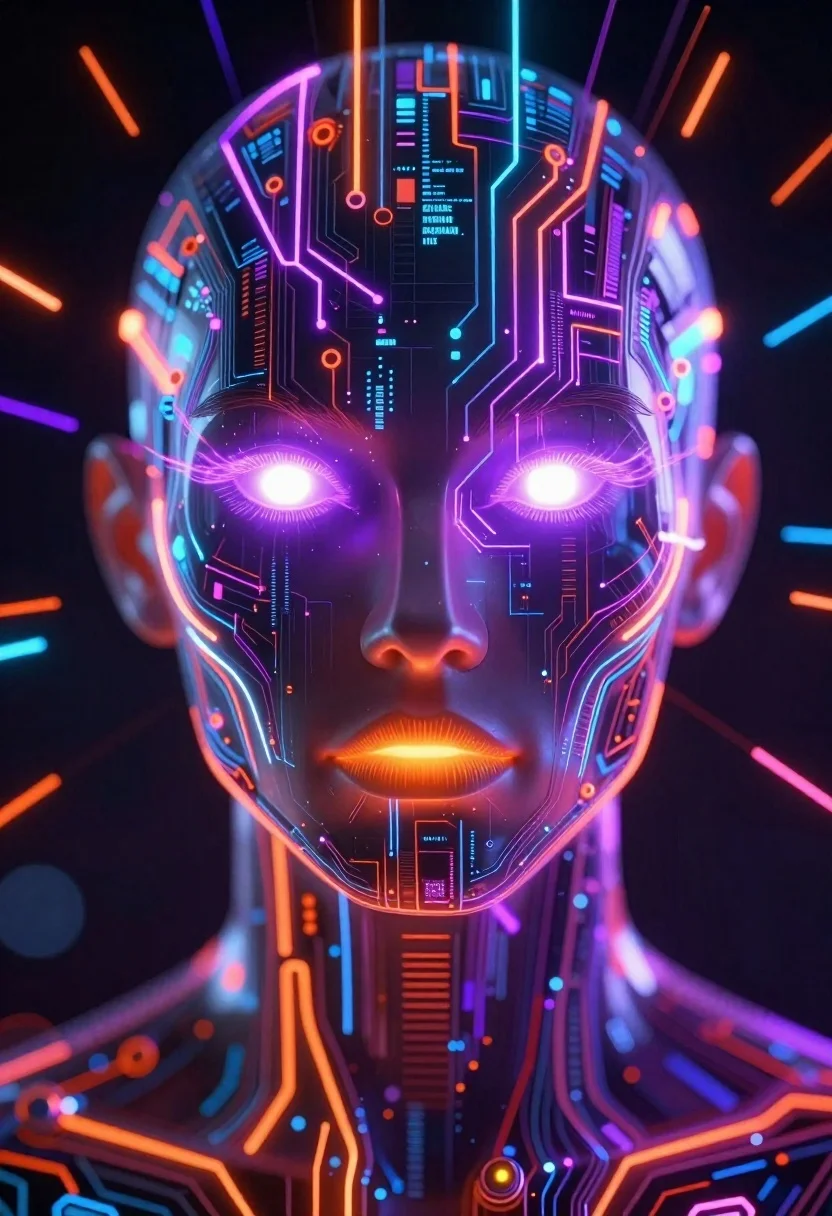 Vertical Digital Art Portrait Humanoid Face Composed Entirely Neon Circuitry reference photo
