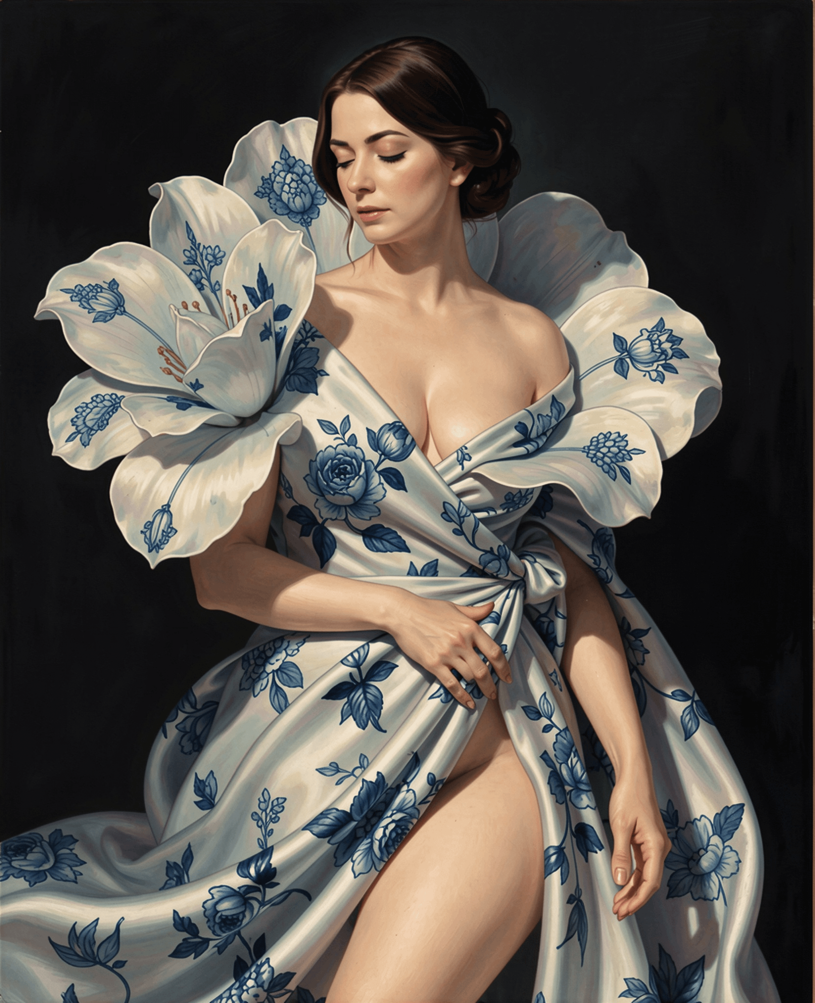 A sensual illustration of an elegant figure draped in a silky flower, embodying delicate porcelain-inspired patterns with an ethereal glow.