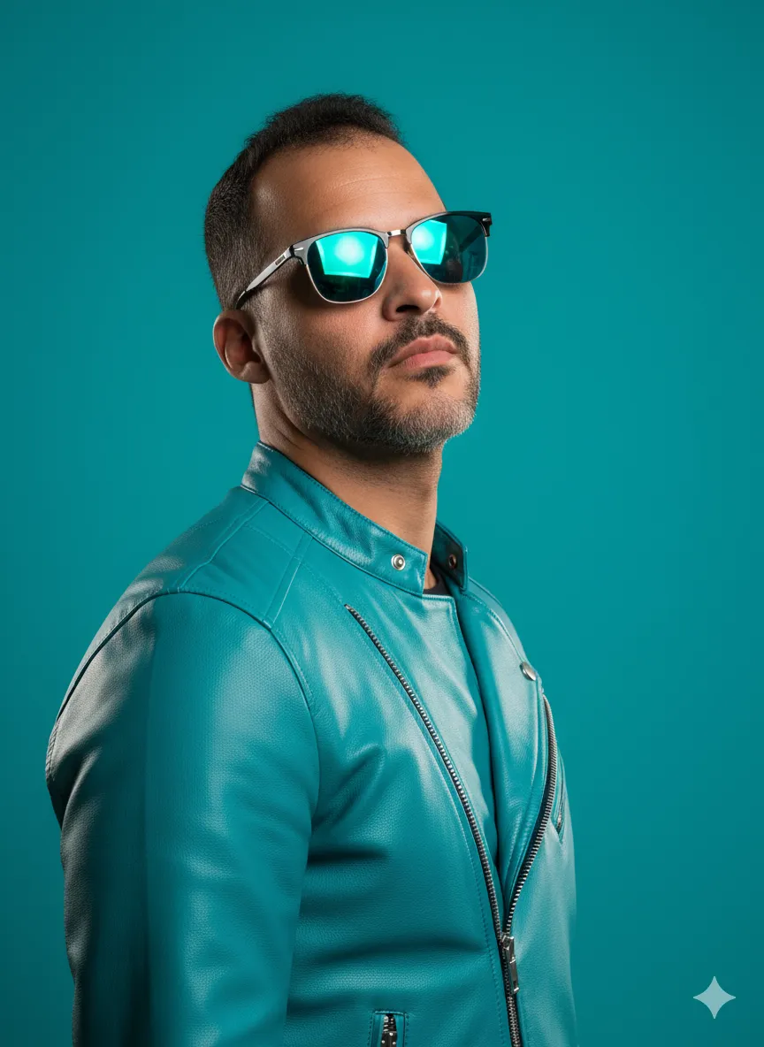 Man In Turquoise Leather Jacket Portrait