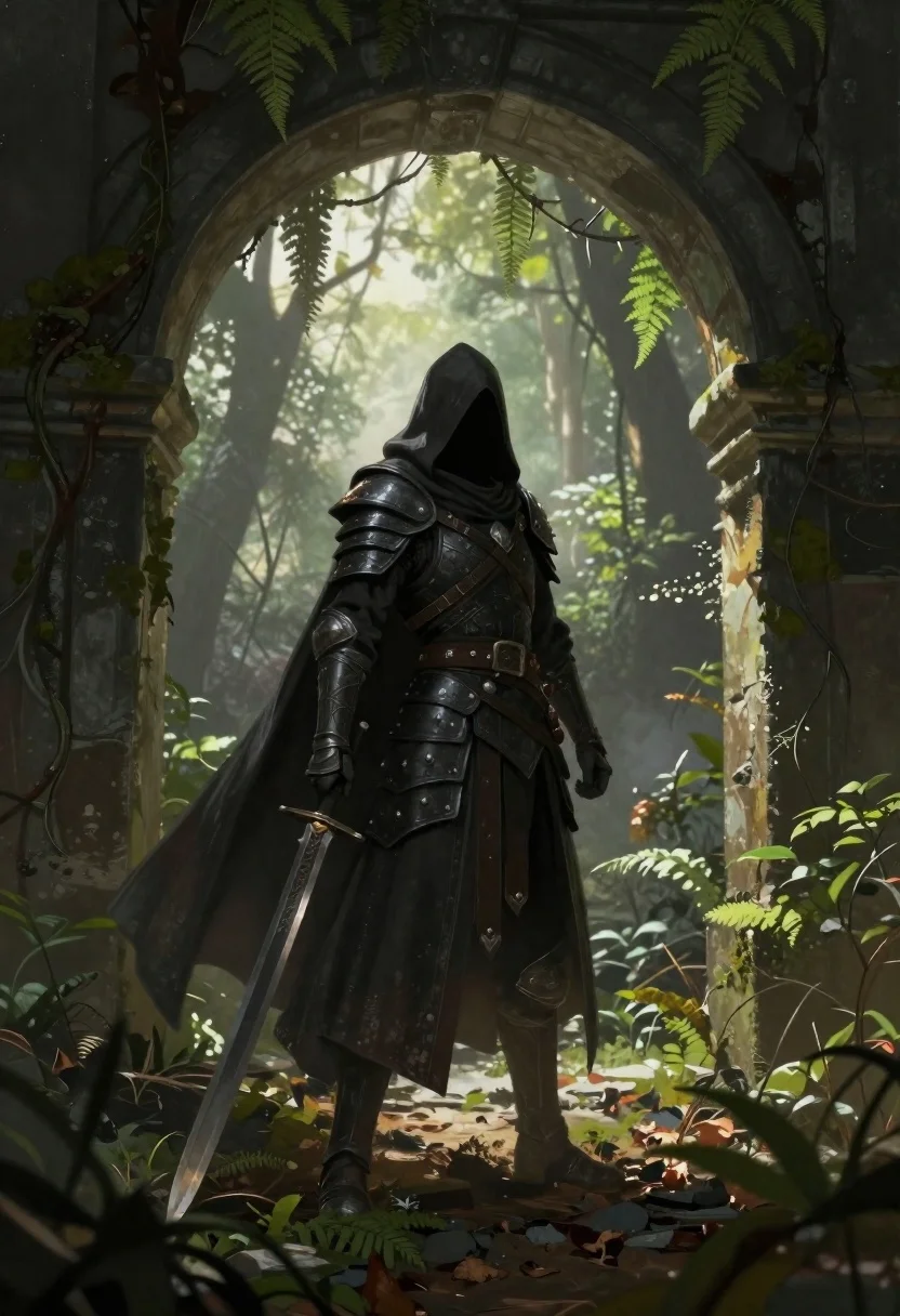 Digital Painting Hooded Warrior Standing Within Ancient Stone Archway Surrounded reference photo