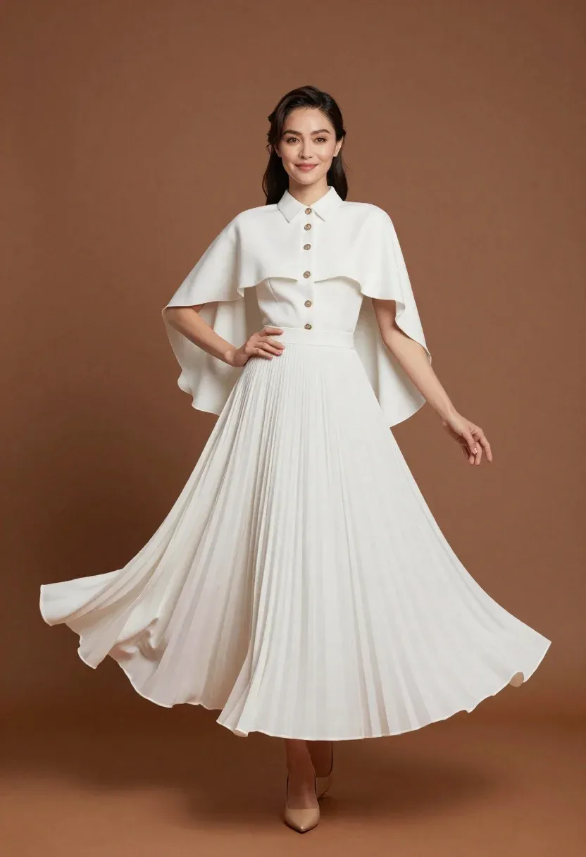 Full-length Studio Portrait Woman Wearing Elegant White Dress With Flowing