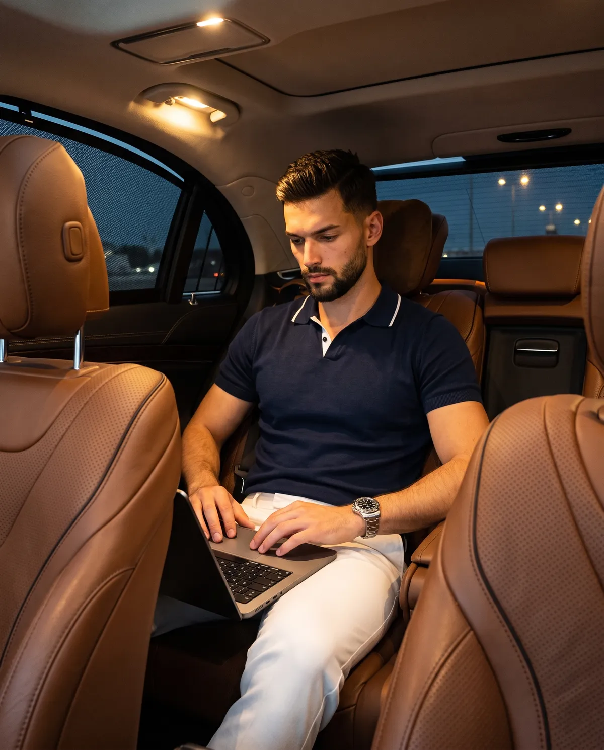 Navy Polo White Trousers Silver Laptop