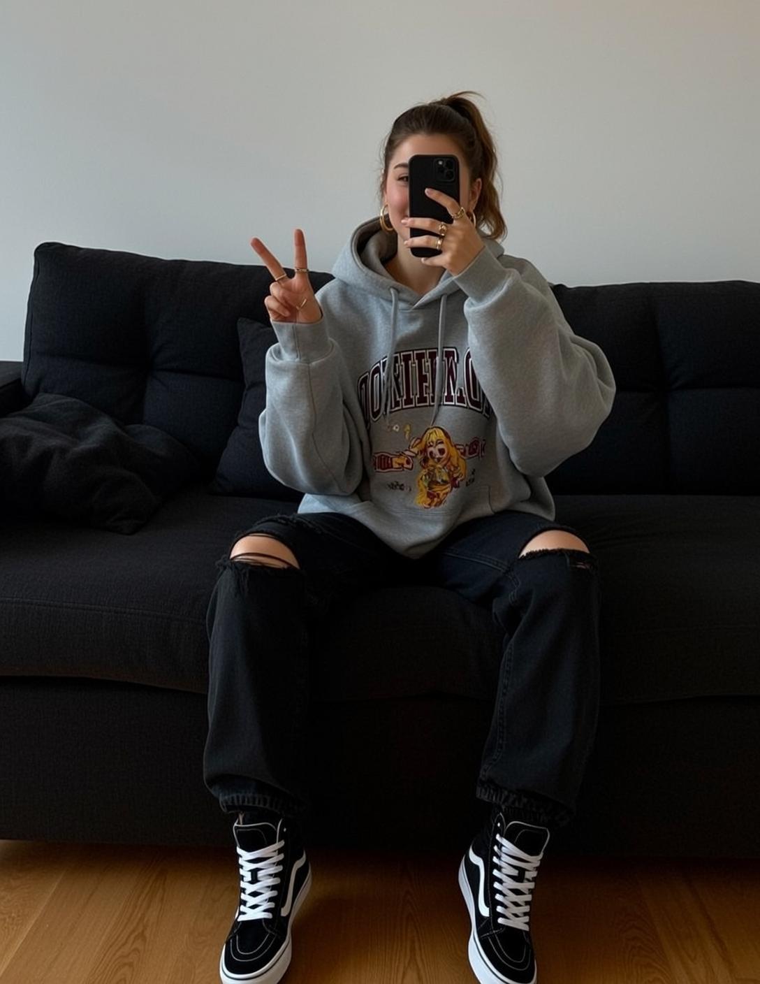 Skater Young Brown Ponytail Fair Grey Hoodie