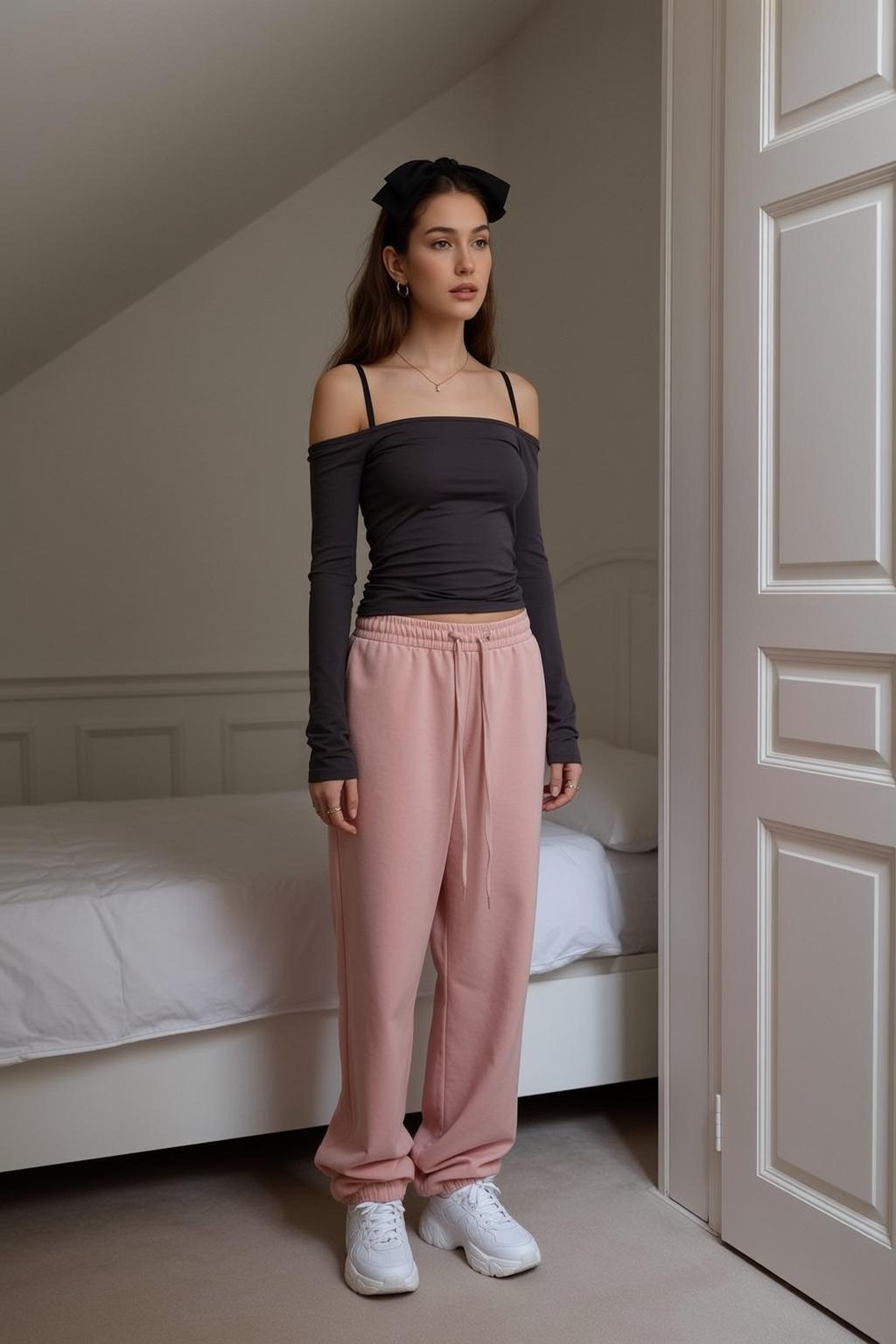 Pink Sweatpants Bedroom Outfit