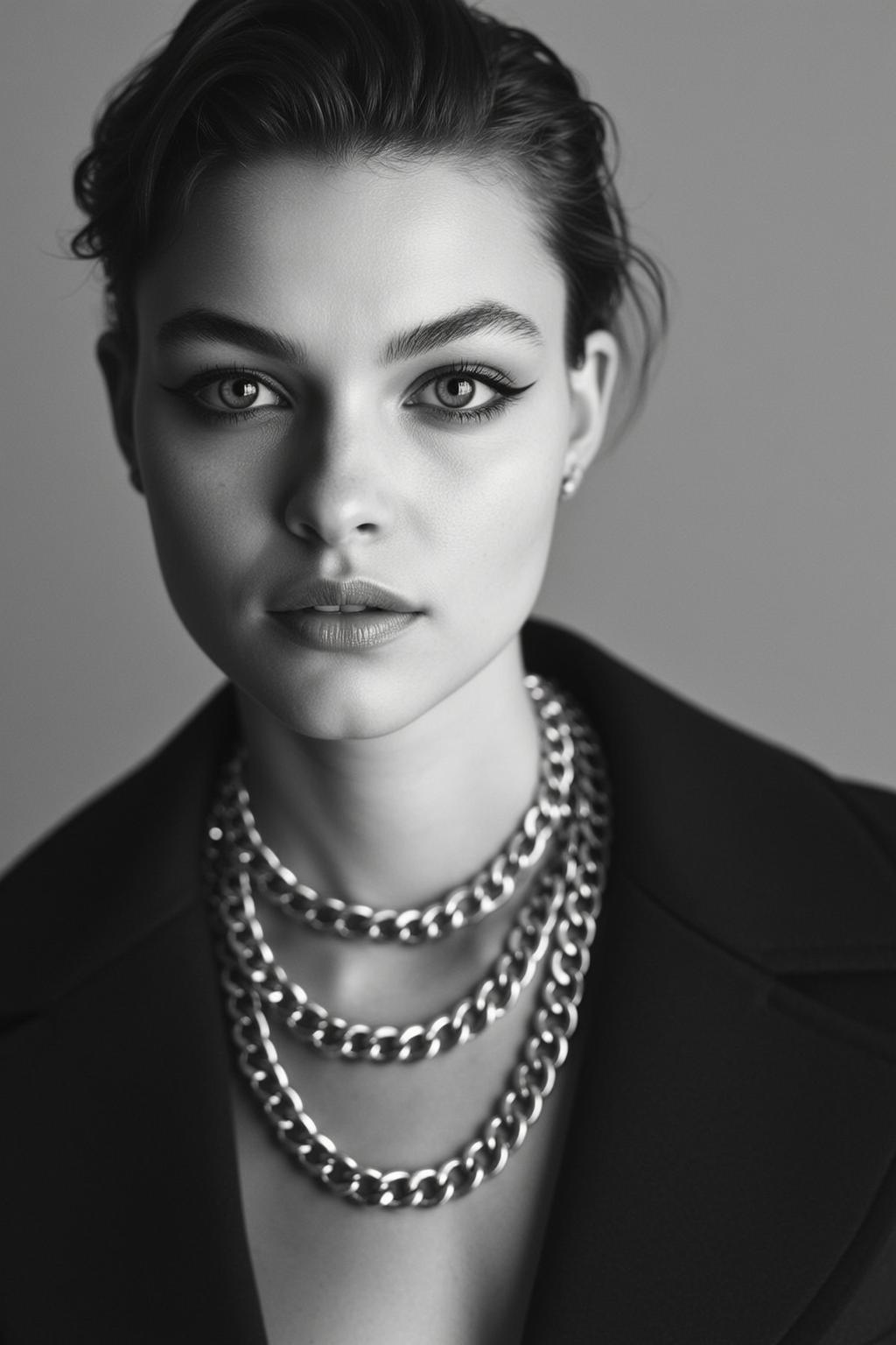 Black And White Medium Shot Portrait Young Woman With Dark