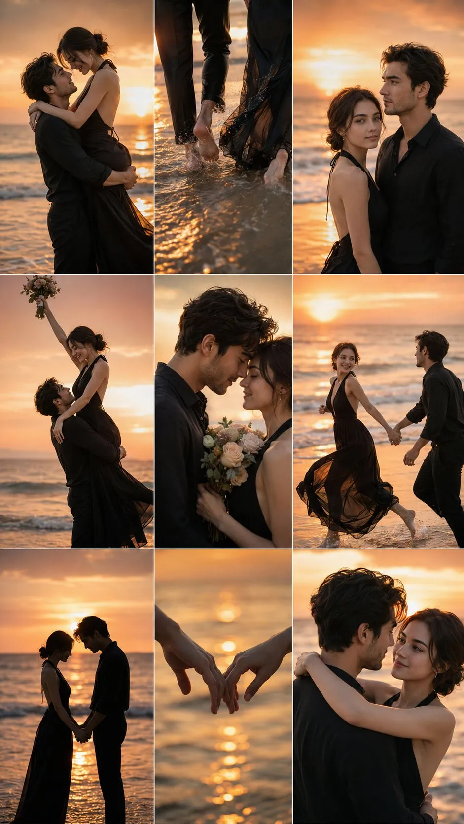 Couple Beach Sunset Lift Flowers Black Outfits