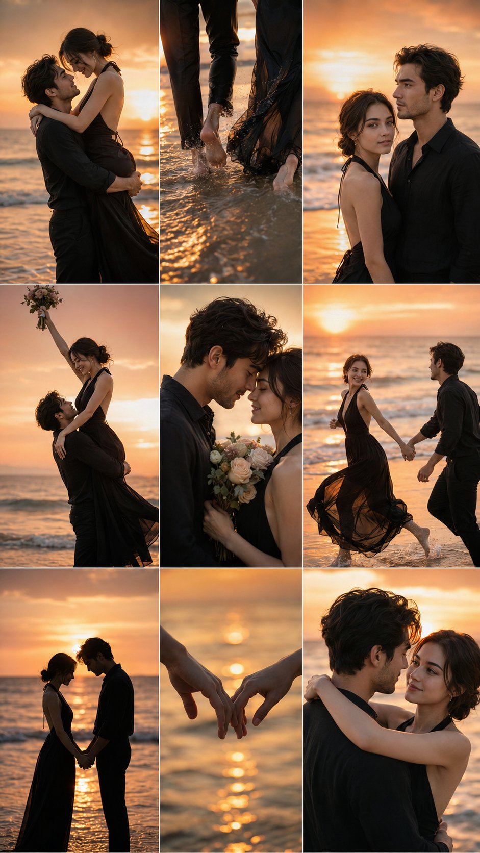 Couple Beach Sunset Lift Flowers Black Outfits
