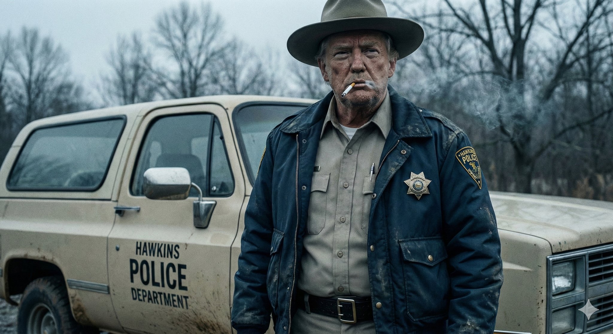 A rugged man styled as Sheriff Hopper, wearing a tan sheriff uniform and standing beside a vintage police truck.