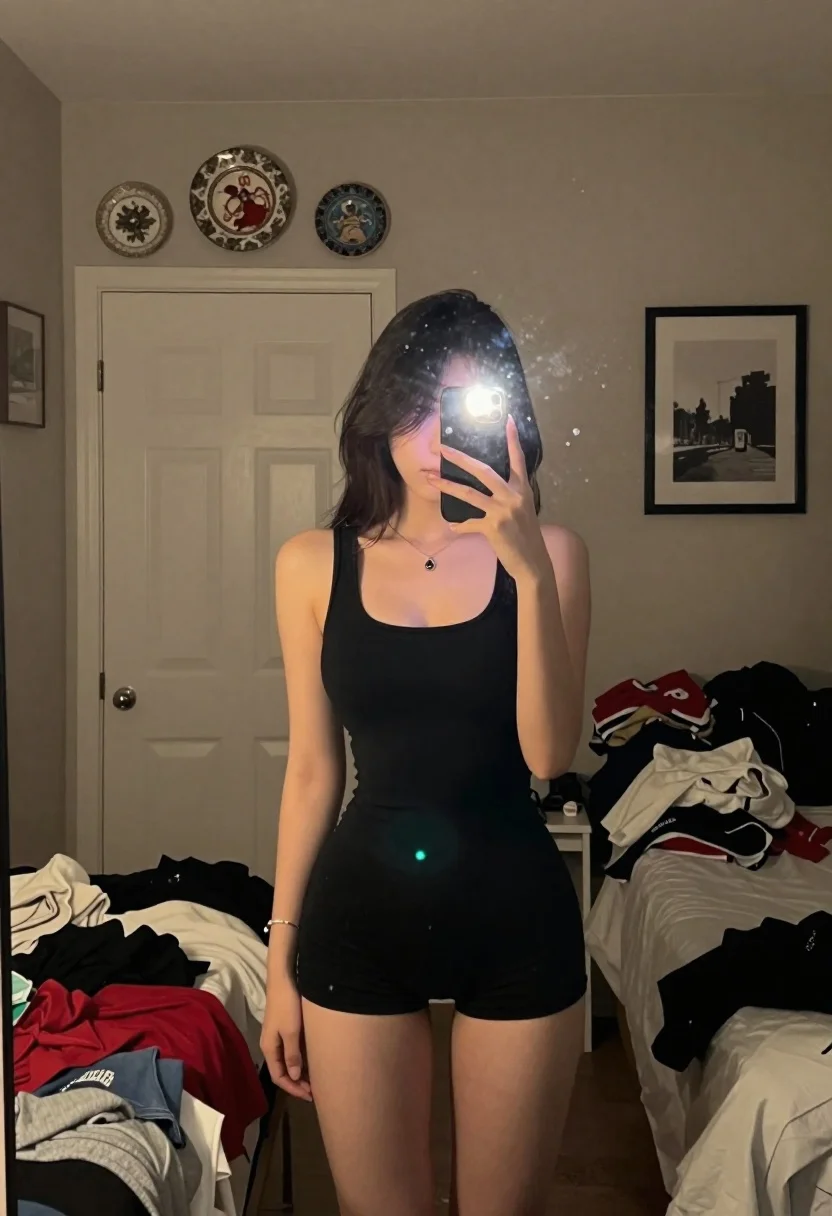 Mirror Selfie Young Woman With Dark Hair Black Tank Top reference photo