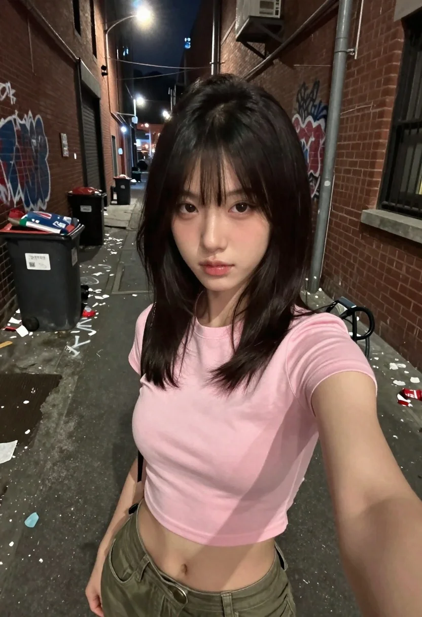 Young Woman Taking Selfie Urban Alleyway Night Subject Dark Shoulder-length reference photo