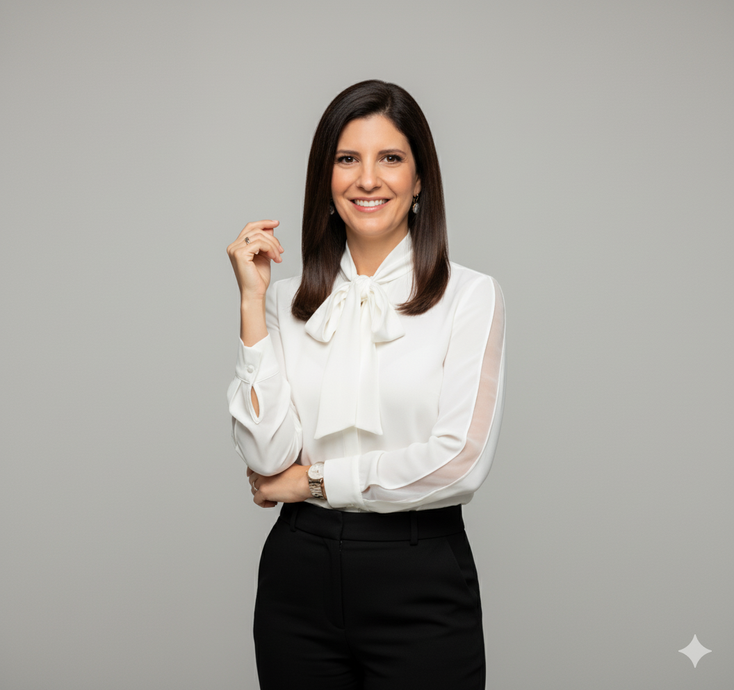 Retrato corporativo de advogada com blusa branca e fundo neutro, sorriso confiante e cabelo liso.
