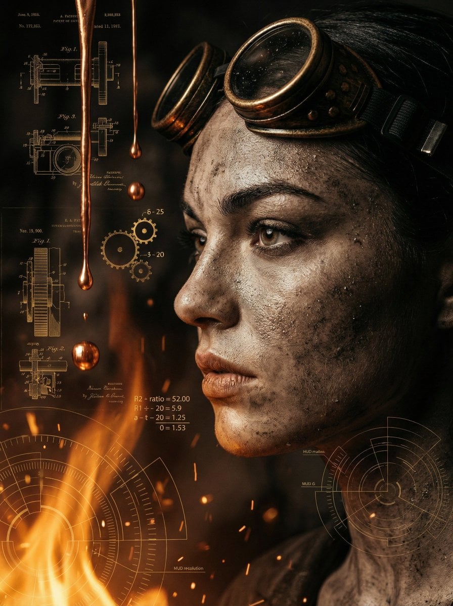 Cinematic Profile Weathered Woman Amber Glow Industrial Blueprints