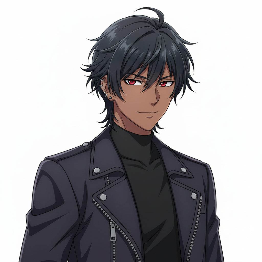 A stylish male anime character with dark hair and red eyes, wearing trendy clothing and piercings.