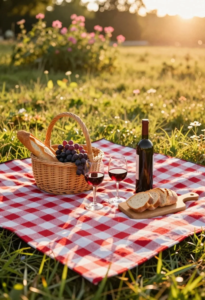 Photorealistic Outdoor Picnic Scene Set Lush Green Grass Under Warm reference photo