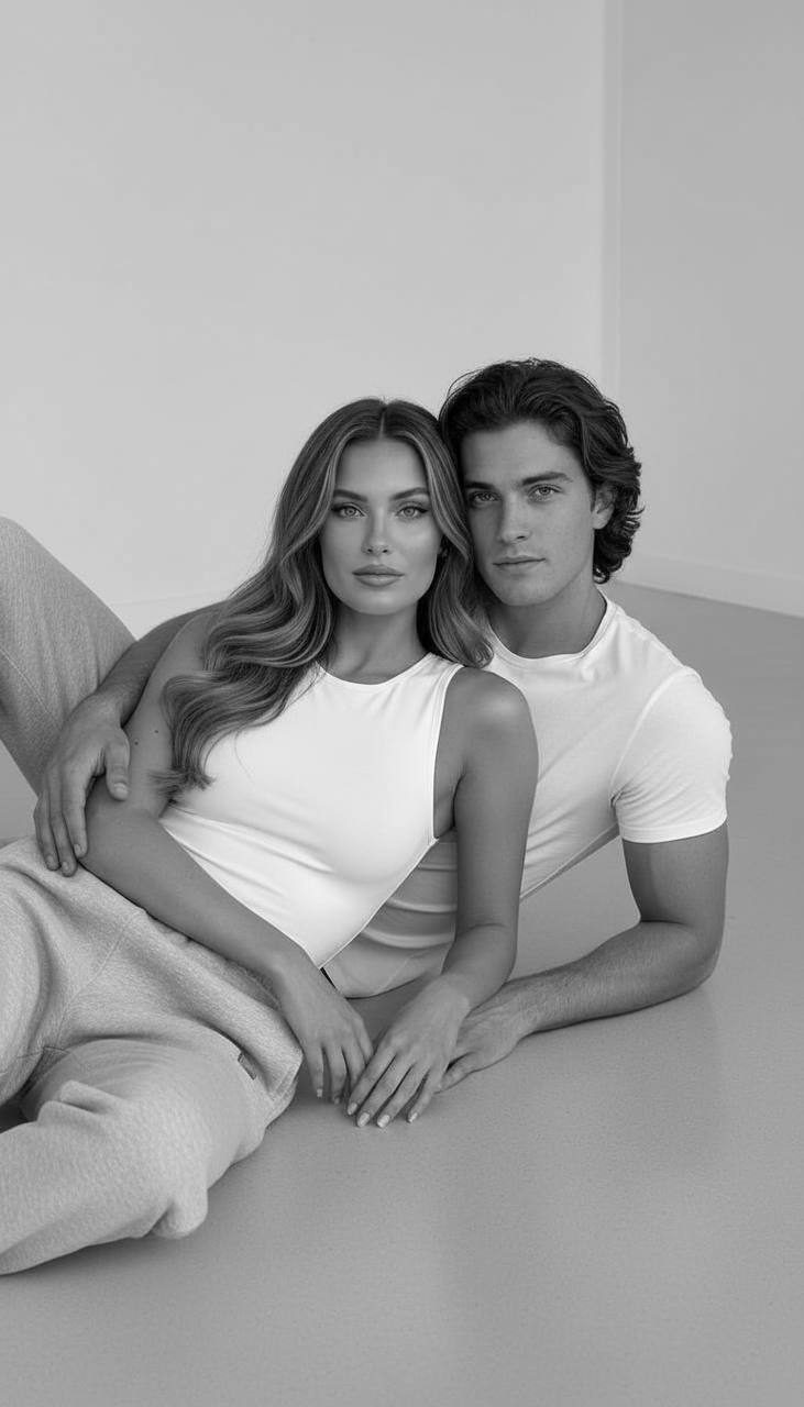 Hyper-realistic black and white portrait of a couple lying on a gray studio floor, gazing calmly at the camera.