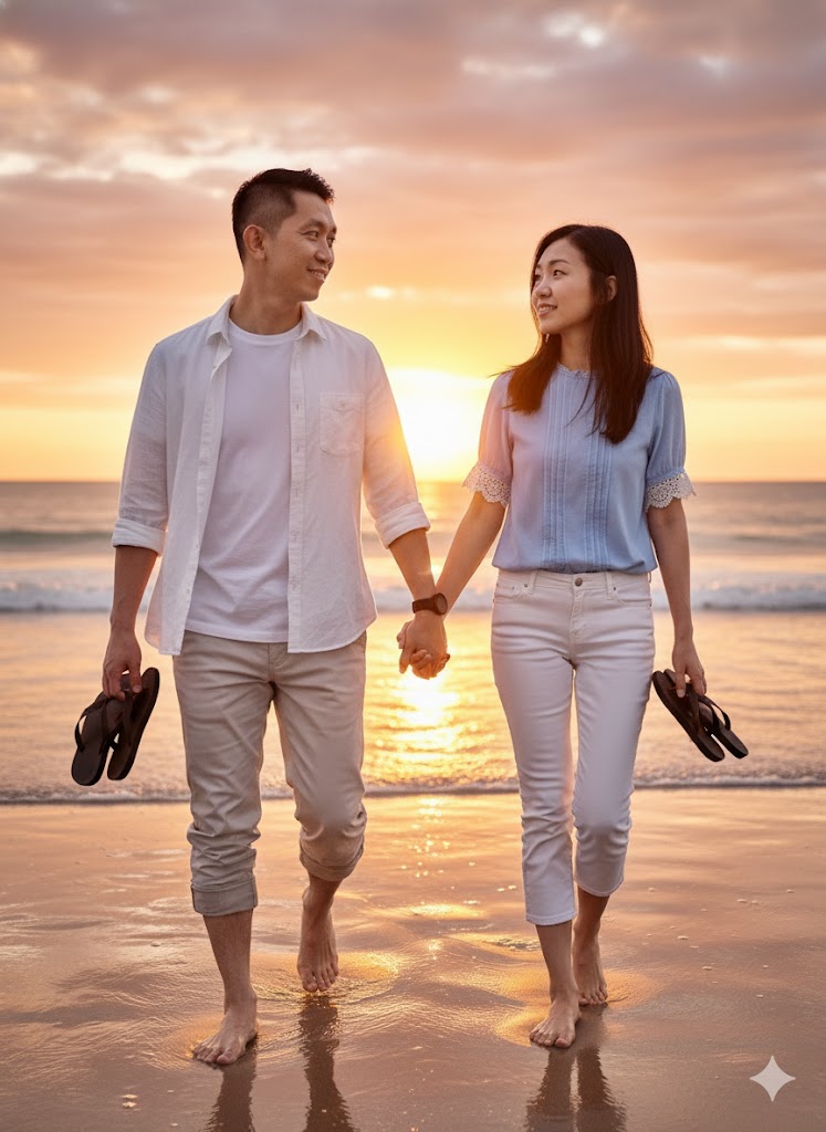 A hyper-realistic image of a couple walking barefoot along the beach at sunset, holding shoes and wearing light summer clothing.