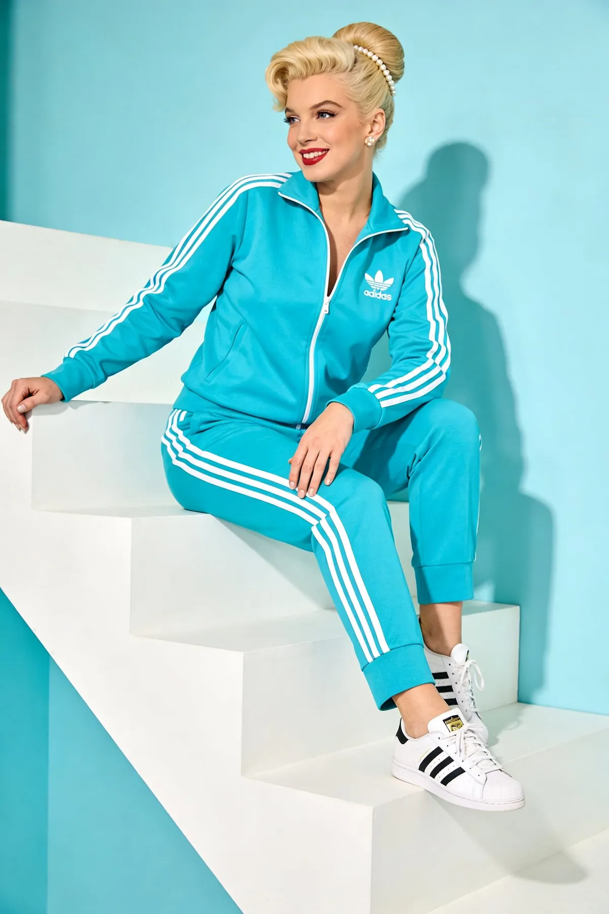 Marilyn Monroe Tracksuit Pastel Stairs Fashion Ad