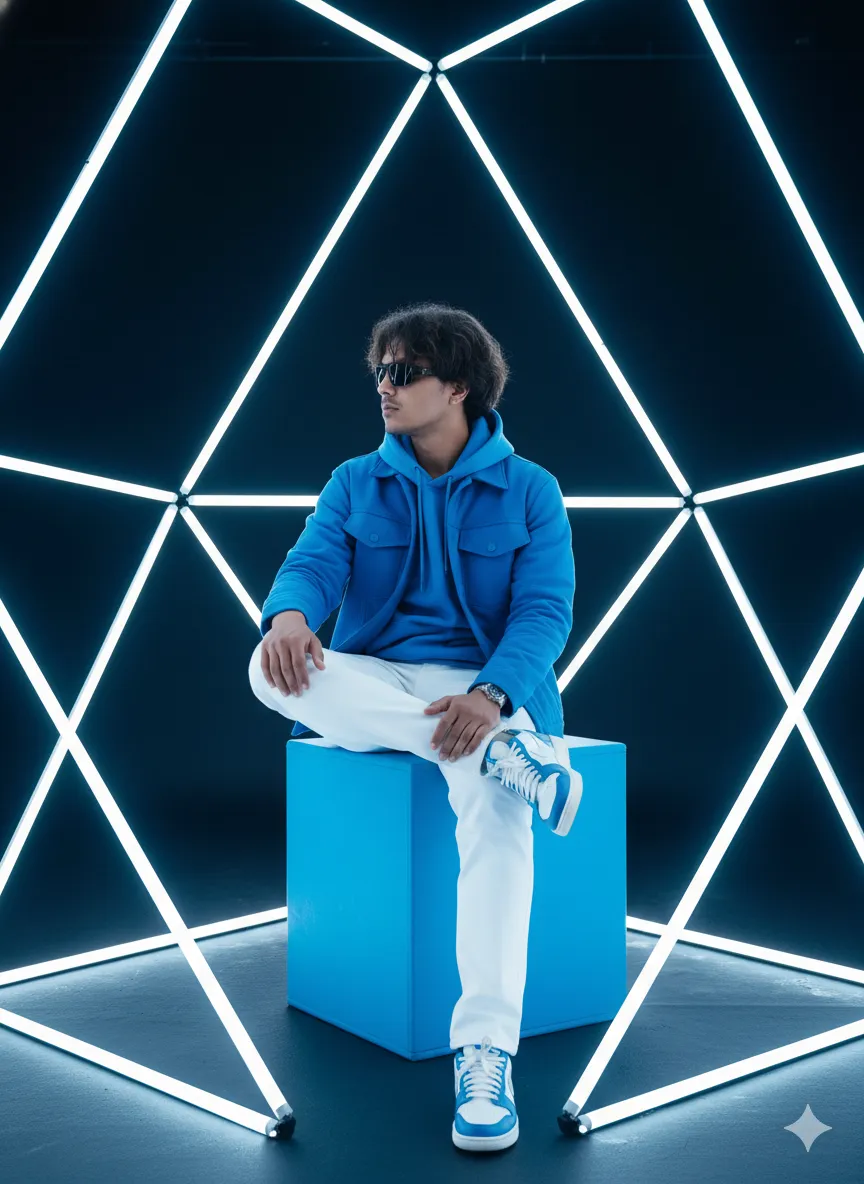 Futuristic Neon Portrait Of Man In Blue