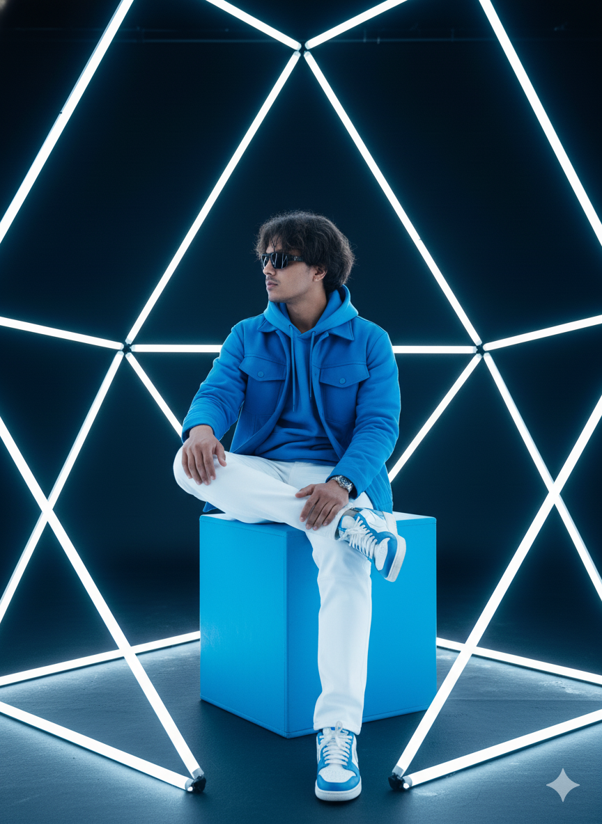 Futuristic Neon Portrait Of Man In Blue
