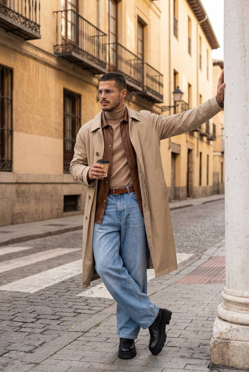 Man wearing a beige trench coat and holding a coffee cup, leaning against a white column on a quiet European street.