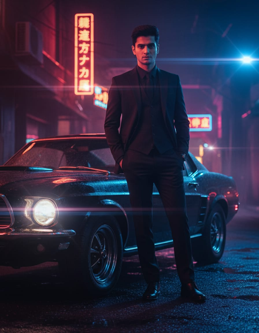 A hyperrealistic portrait of a man in a sharp black suit against a classic 1969 Ford Mustang, surrounded by neon-lit dark alley.