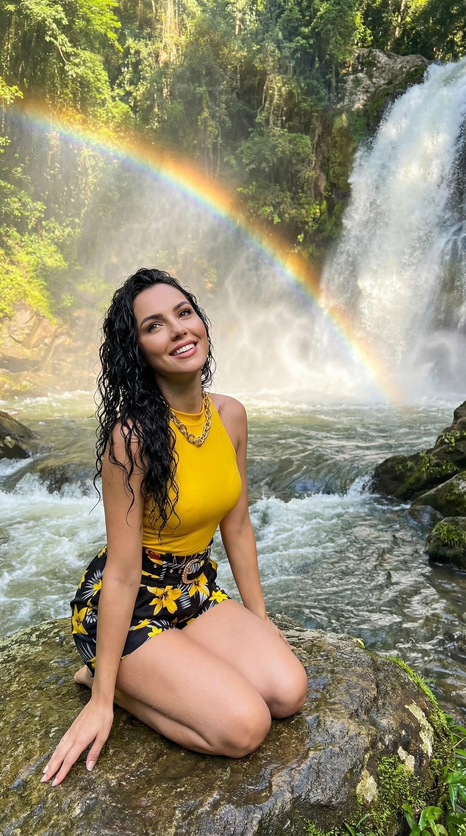 Kneeling On Mossy Rock In River With Waterfall